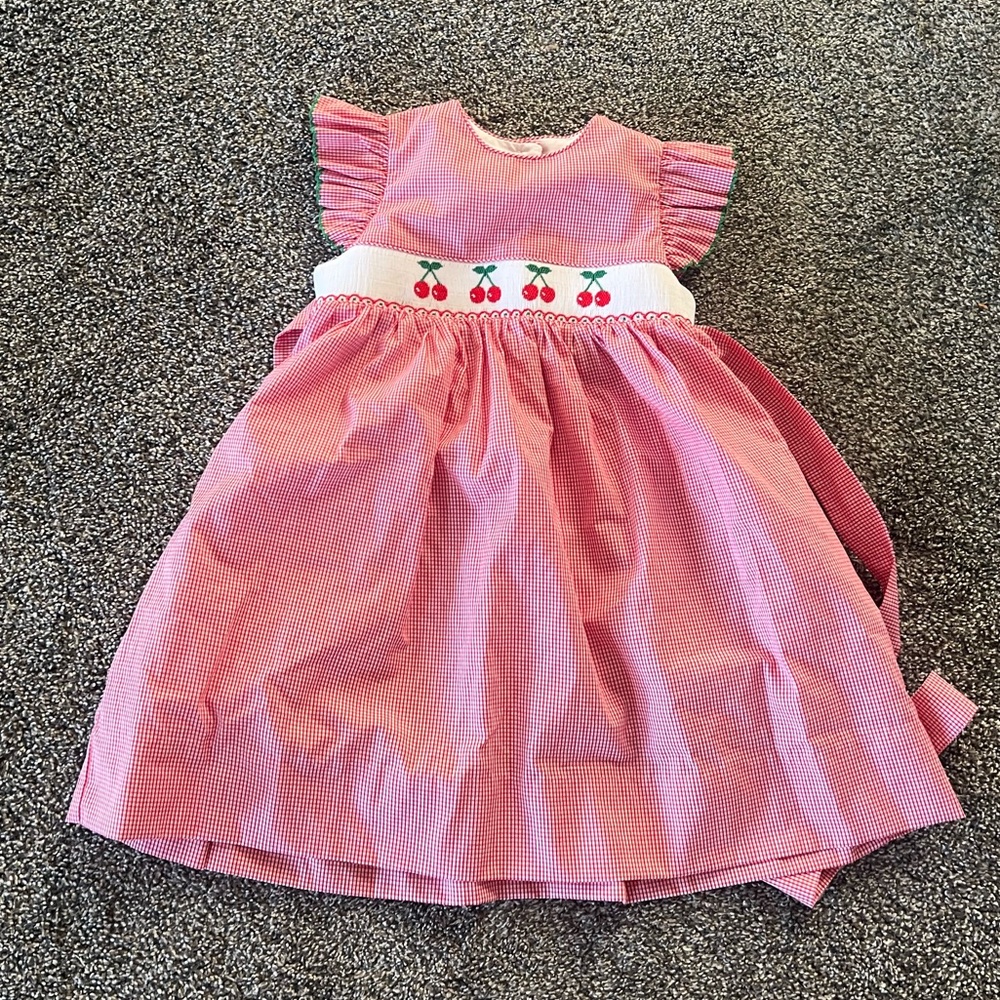 Smocked Petit Bebe cherry dress - 4t cherries red gingham classic check white